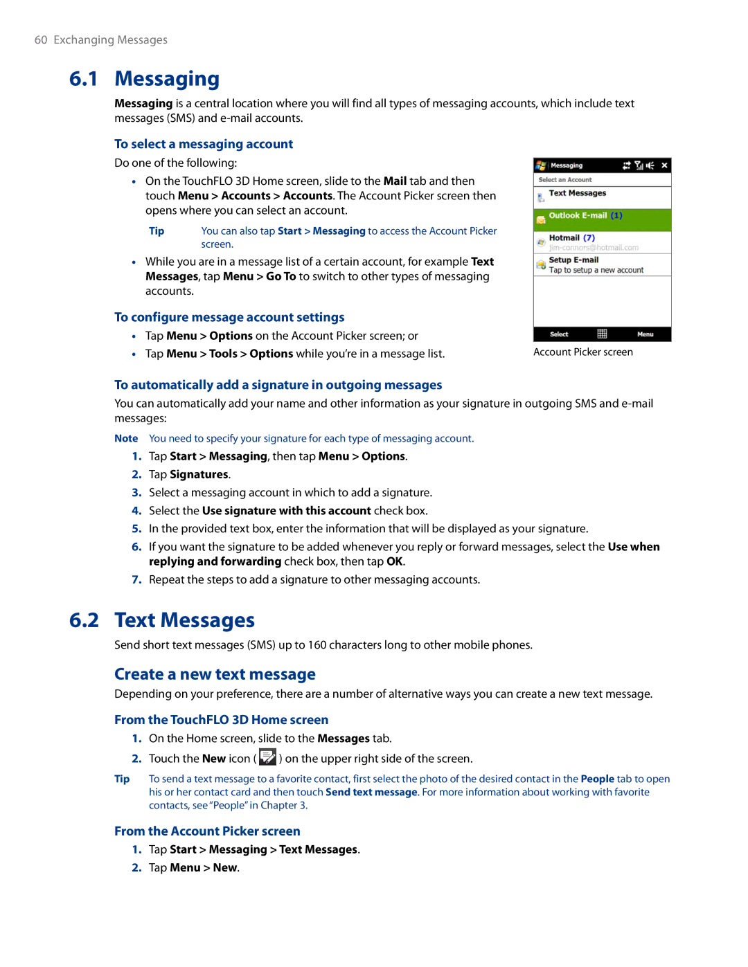 HTC AM171 manual Messaging, Text Messages, Create a new text message 