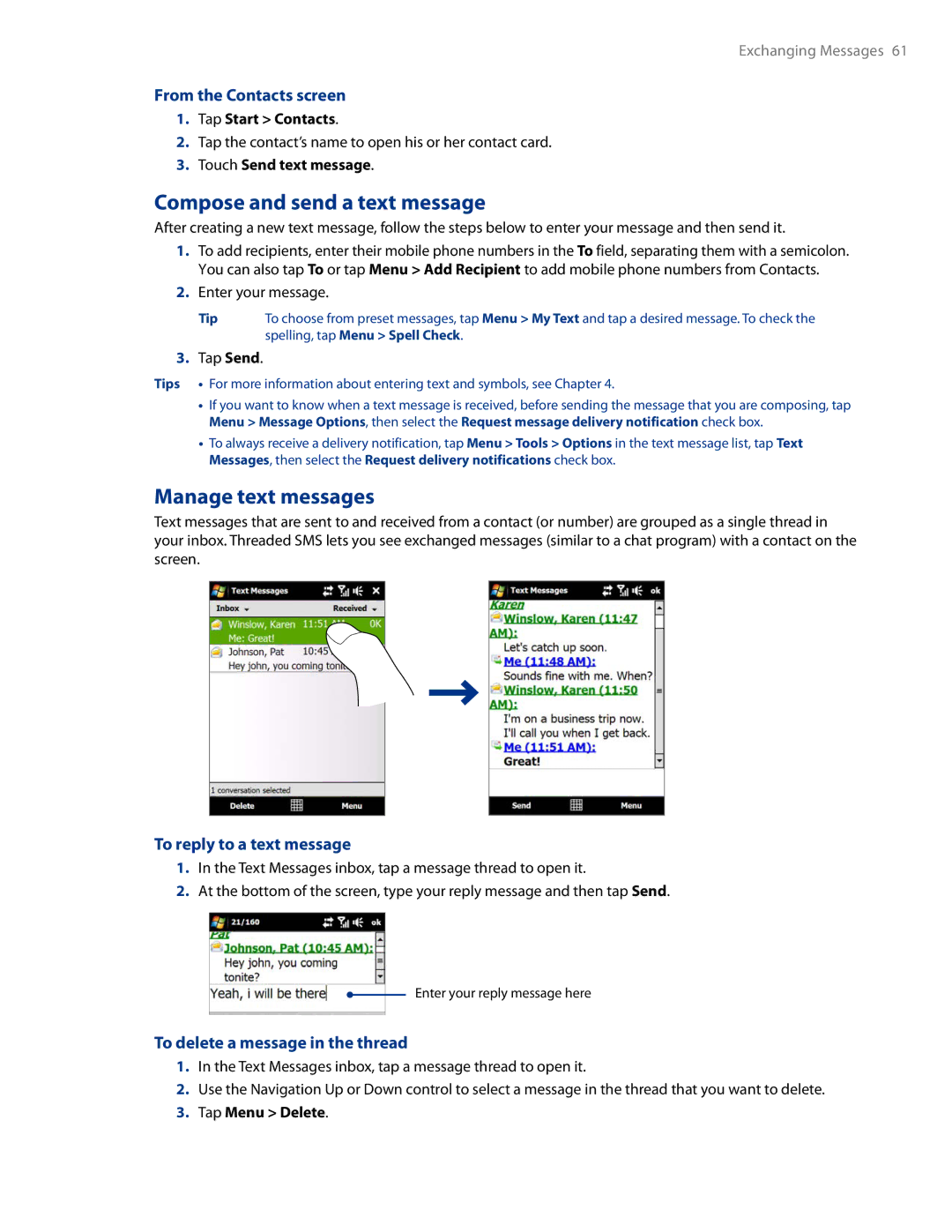 HTC AM171 Compose and send a text message, Manage text messages, From the Contacts screen, To reply to a text message 