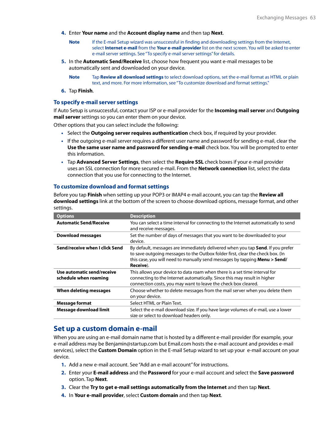 HTC AM171 Set up a custom domain e-mail, To specify e-mail server settings, To customize download and format settings 