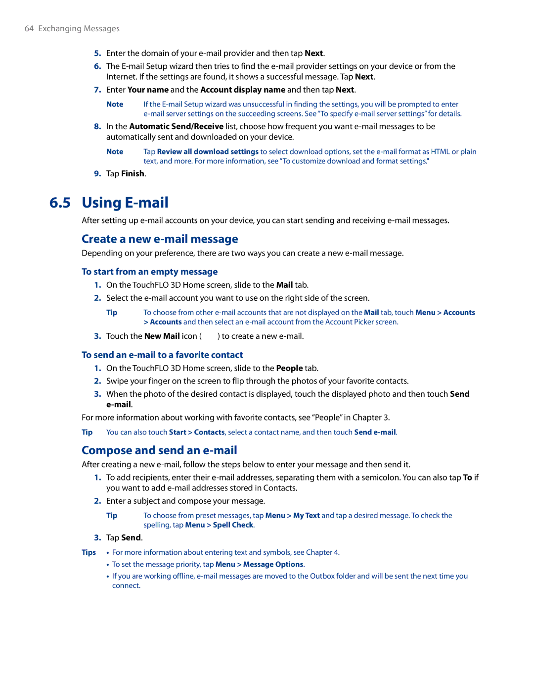 HTC AM171 manual Using E-mail, Create a new e-mail message, Compose and send an e-mail, To start from an empty message 