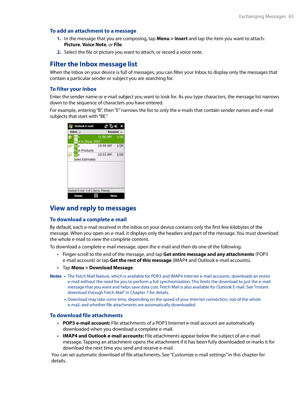 HTC AM171 manual Filter the Inbox message list, View and reply to messages 