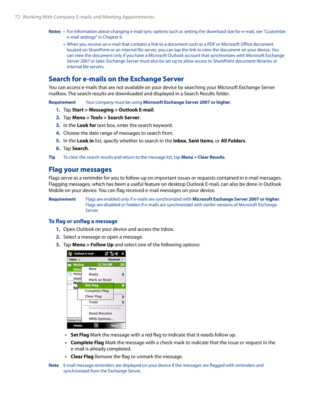 HTC AM171 manual Search for e-mails on the Exchange Server, Flag your messages, To flag or unflag a message, Tap Search 