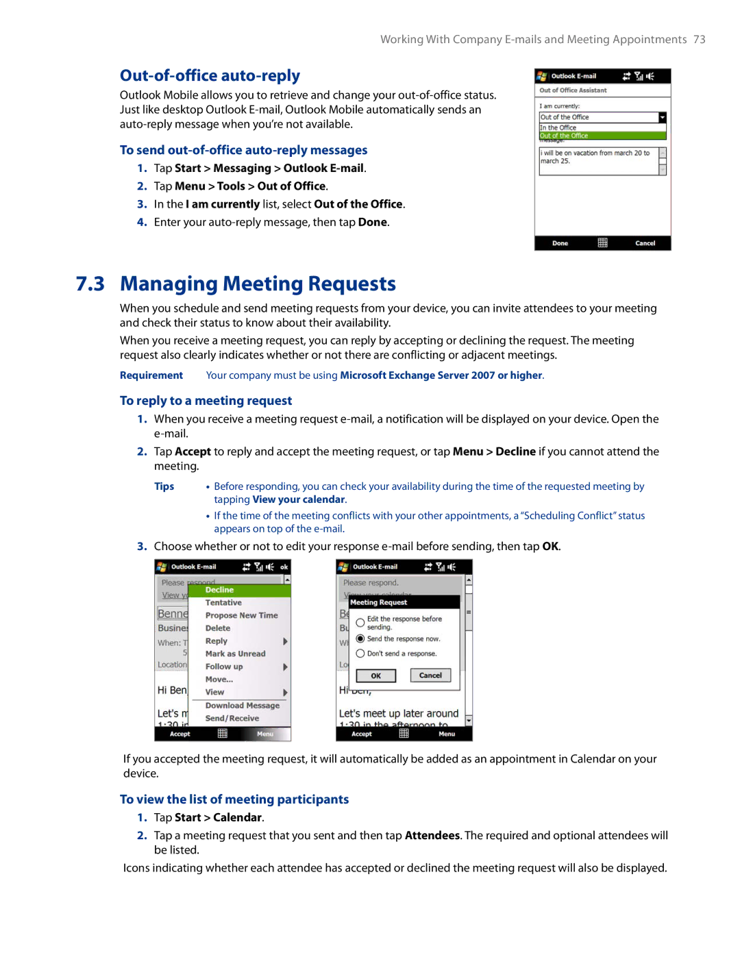 HTC AM171 manual Managing Meeting Requests, Out-of-office auto-reply, To send out-of-office auto-reply messages 