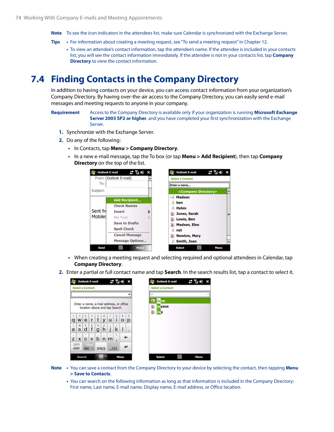 HTC AM171 manual Finding Contacts in the Company Directory, Contacts, tap Menu Company Directory 