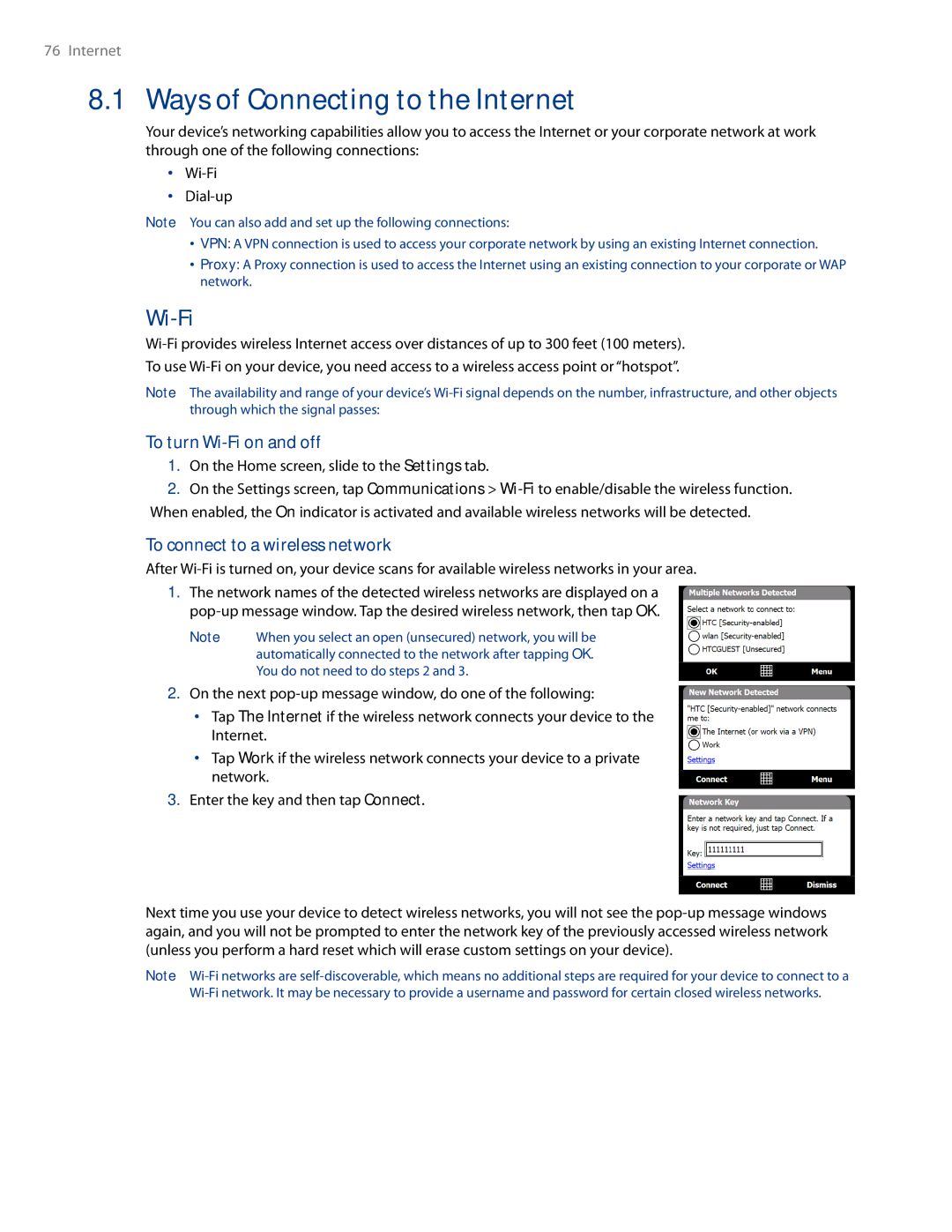 HTC AM171 manual Ways of Connecting to the Internet, To turn Wi-Fi on and off, To connect to a wireless network 