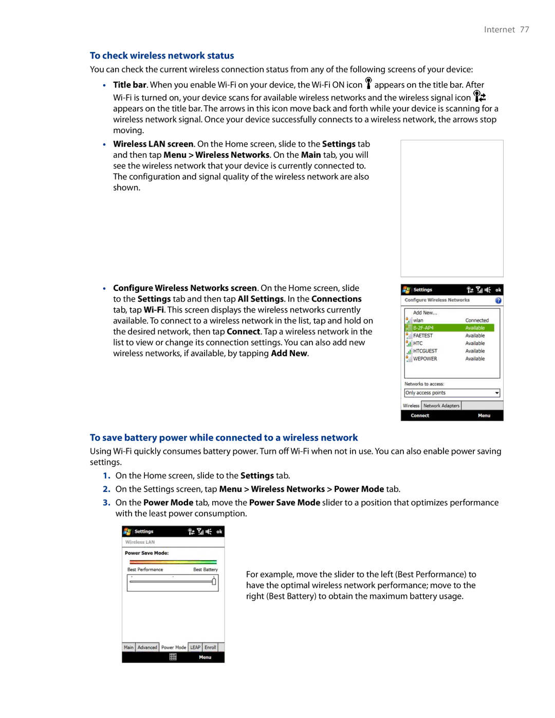 HTC AM171 manual To check wireless network status, To save battery power while connected to a wireless network 