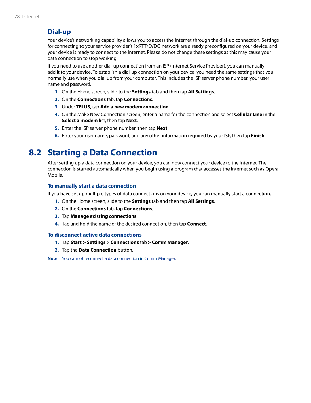 HTC AM171 Starting a Data Connection, Dial-up, To manually start a data connection, To disconnect active data connections 