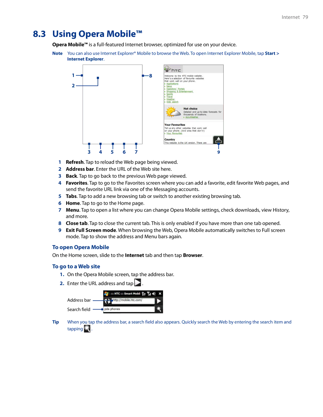 HTC AM171 manual Using Opera Mobile, To open Opera Mobile, To go to a Web site 