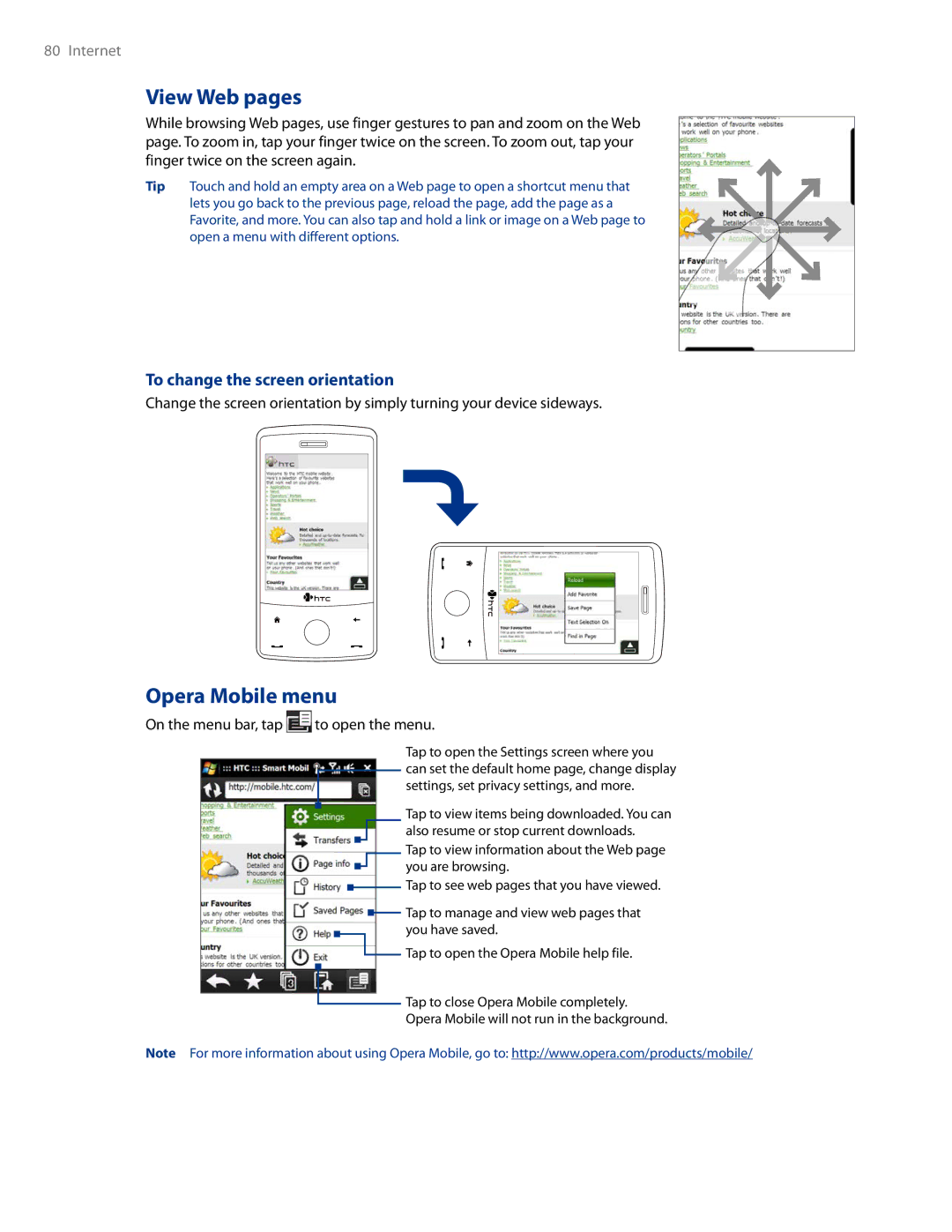 HTC AM171 manual View Web pages, Opera Mobile menu, To change the screen orientation, On the menu bar, tap to open the menu 