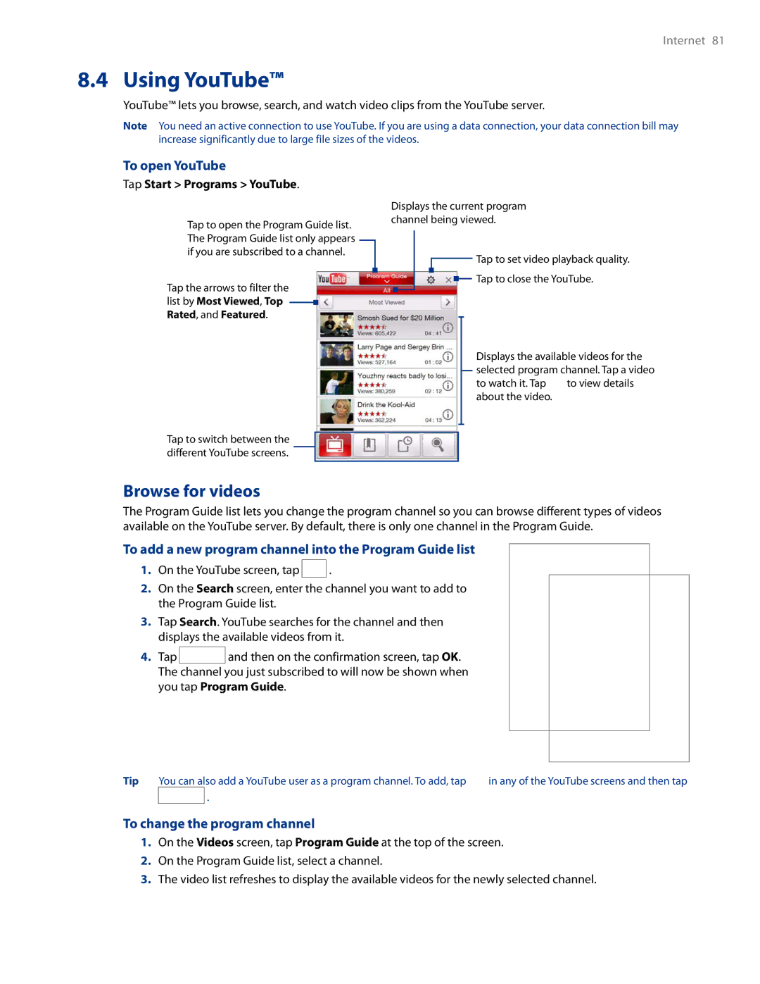 HTC AM171 Using YouTube, Browse for videos, To open YouTube, To add a new program channel into the Program Guide list 