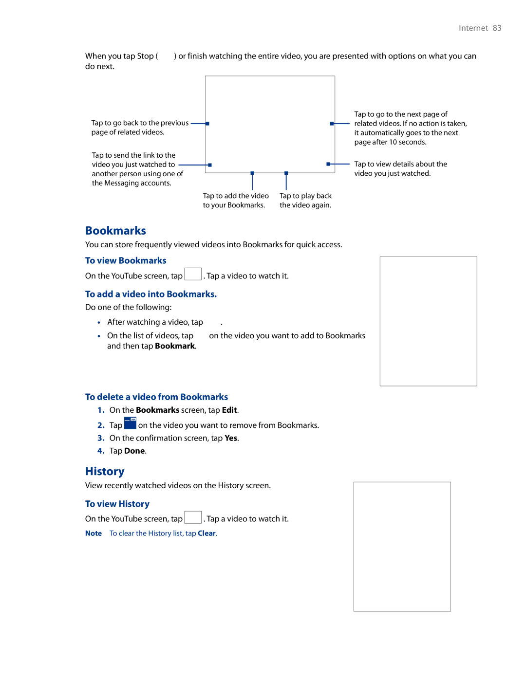 HTC AM171 manual Bookmarks, History 