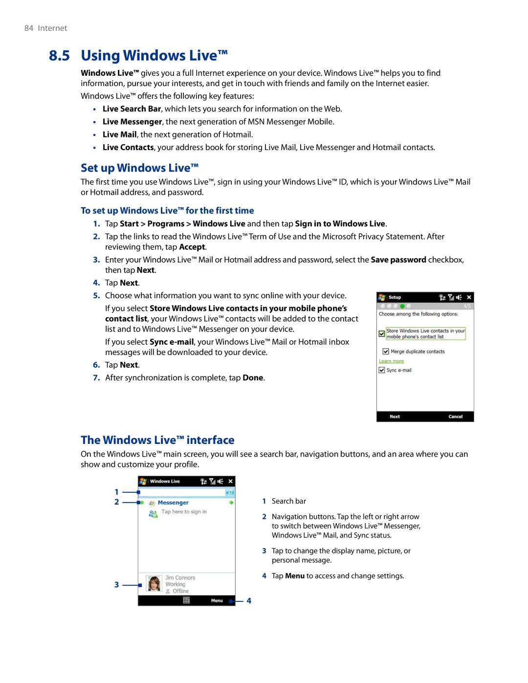 HTC AM171 manual Using Windows Live, Set up Windows Live, Windows Live interface, To set up Windows Live for the first time 