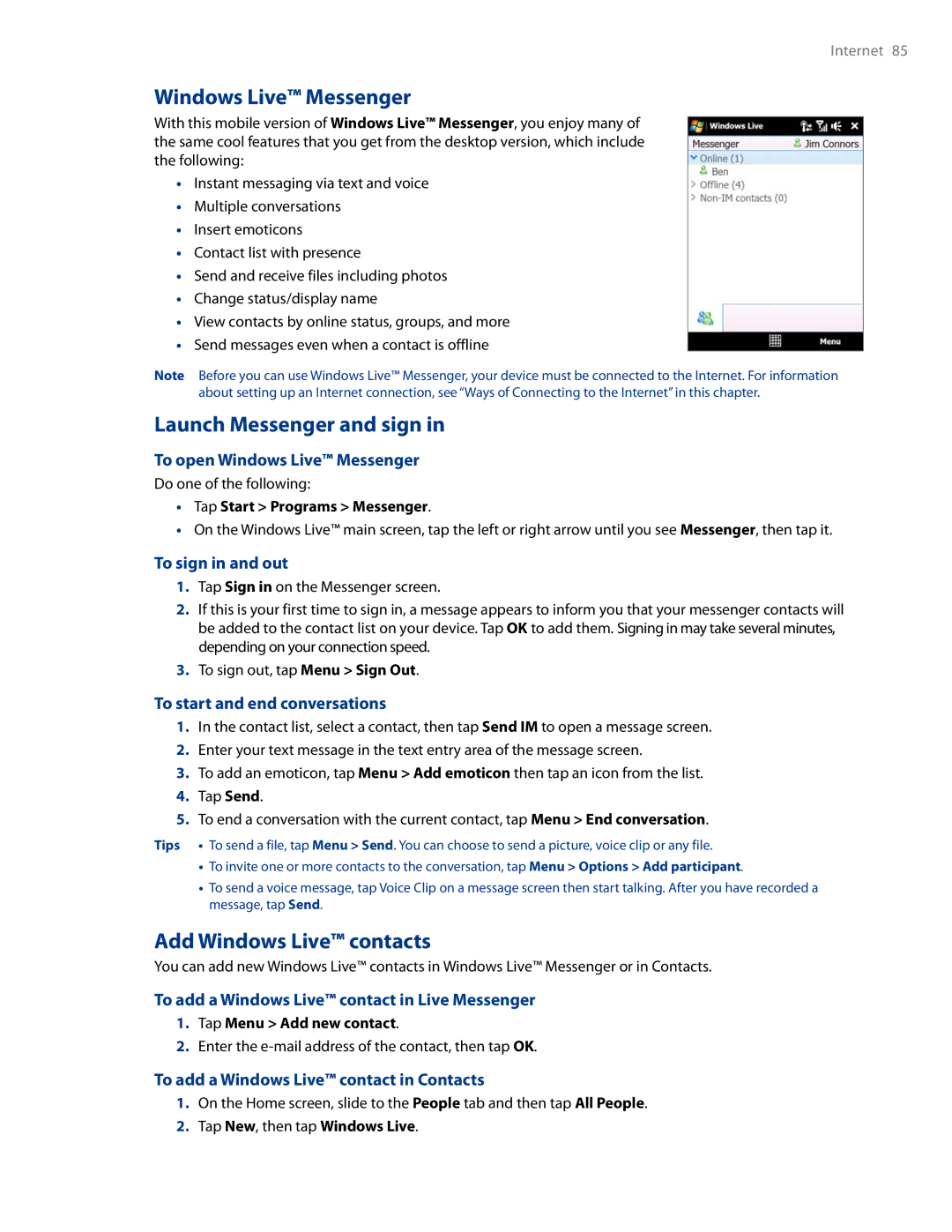 HTC AM171 manual Windows Live Messenger, Launch Messenger and sign, Add Windows Live contacts 
