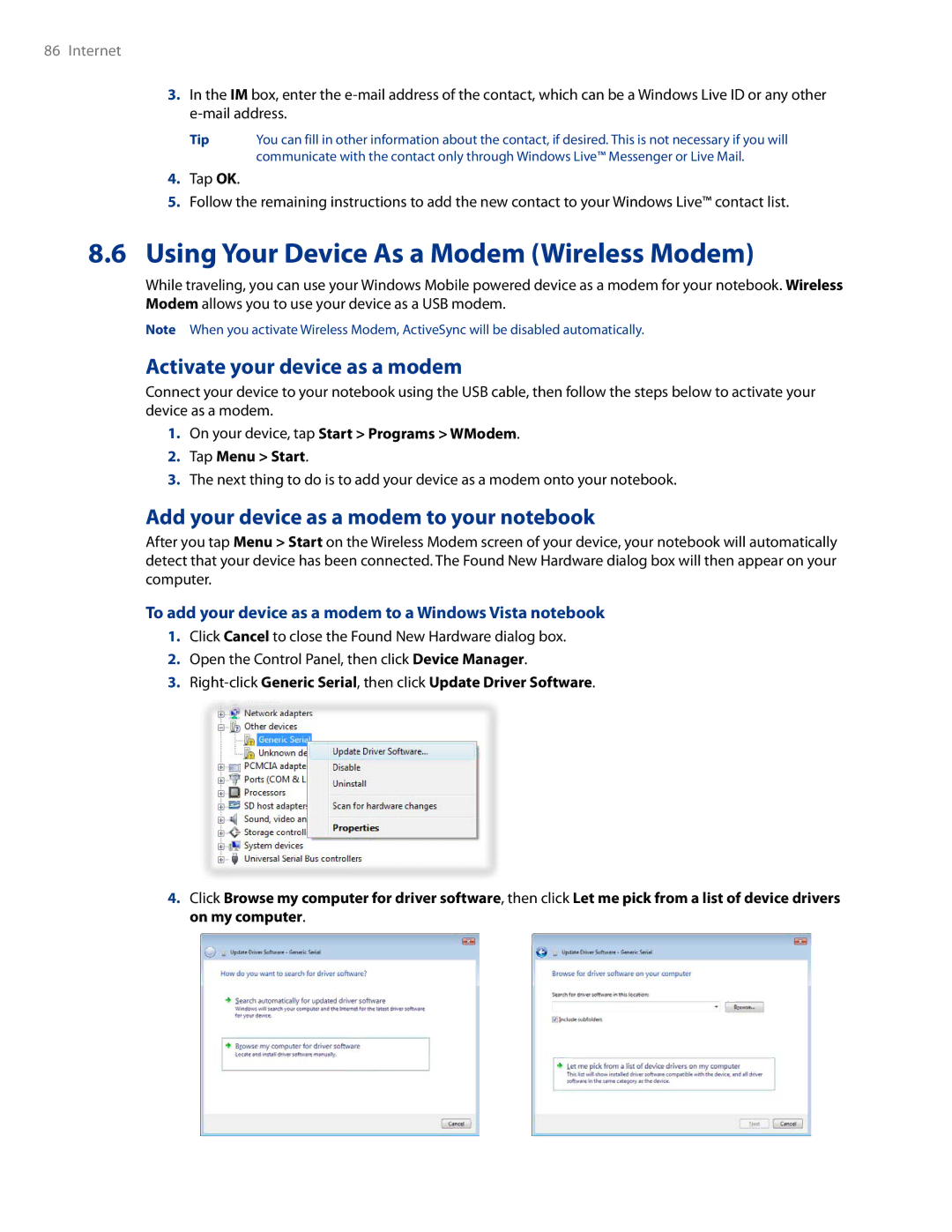 HTC AM171 manual Using Your Device As a Modem Wireless Modem, Activate your device as a modem 