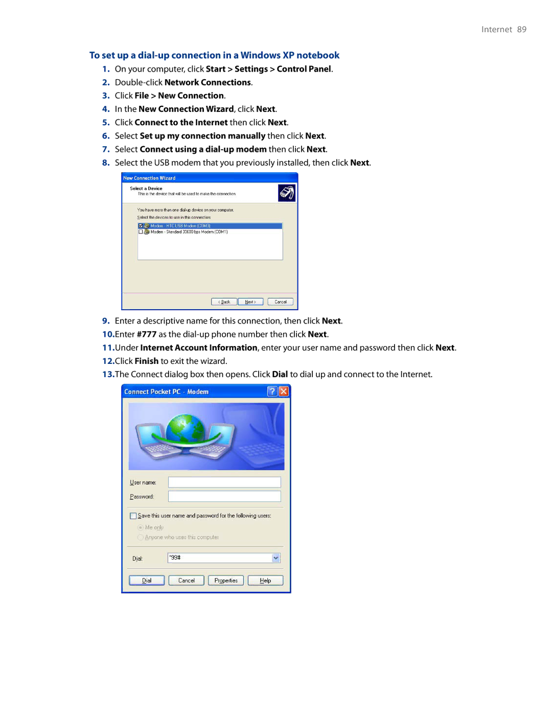 HTC AM171 manual To set up a dial-up connection in a Windows XP notebook 