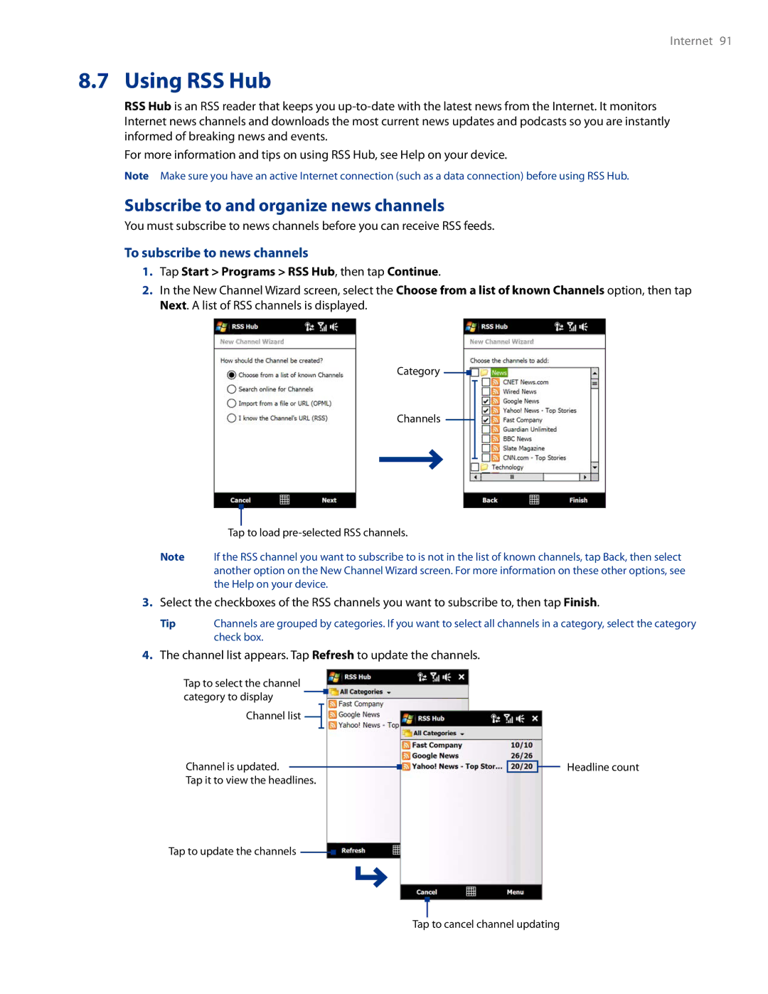 HTC AM171 manual Using RSS Hub, Subscribe to and organize news channels, To subscribe to news channels 