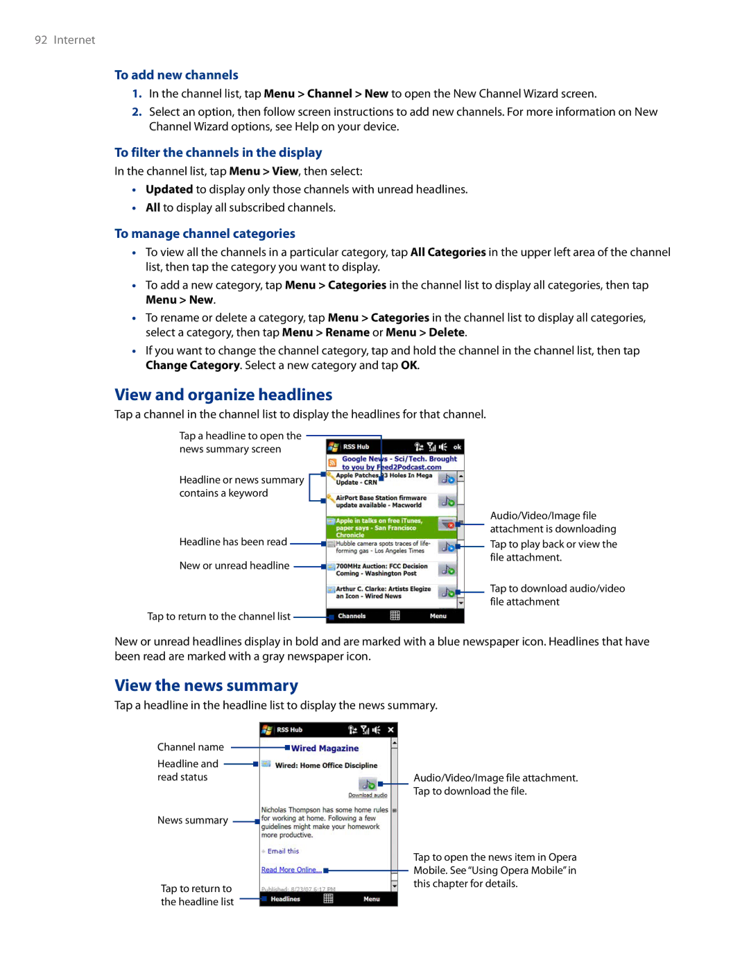 HTC AM171 View and organize headlines, View the news summary, To add new channels, To filter the channels in the display 