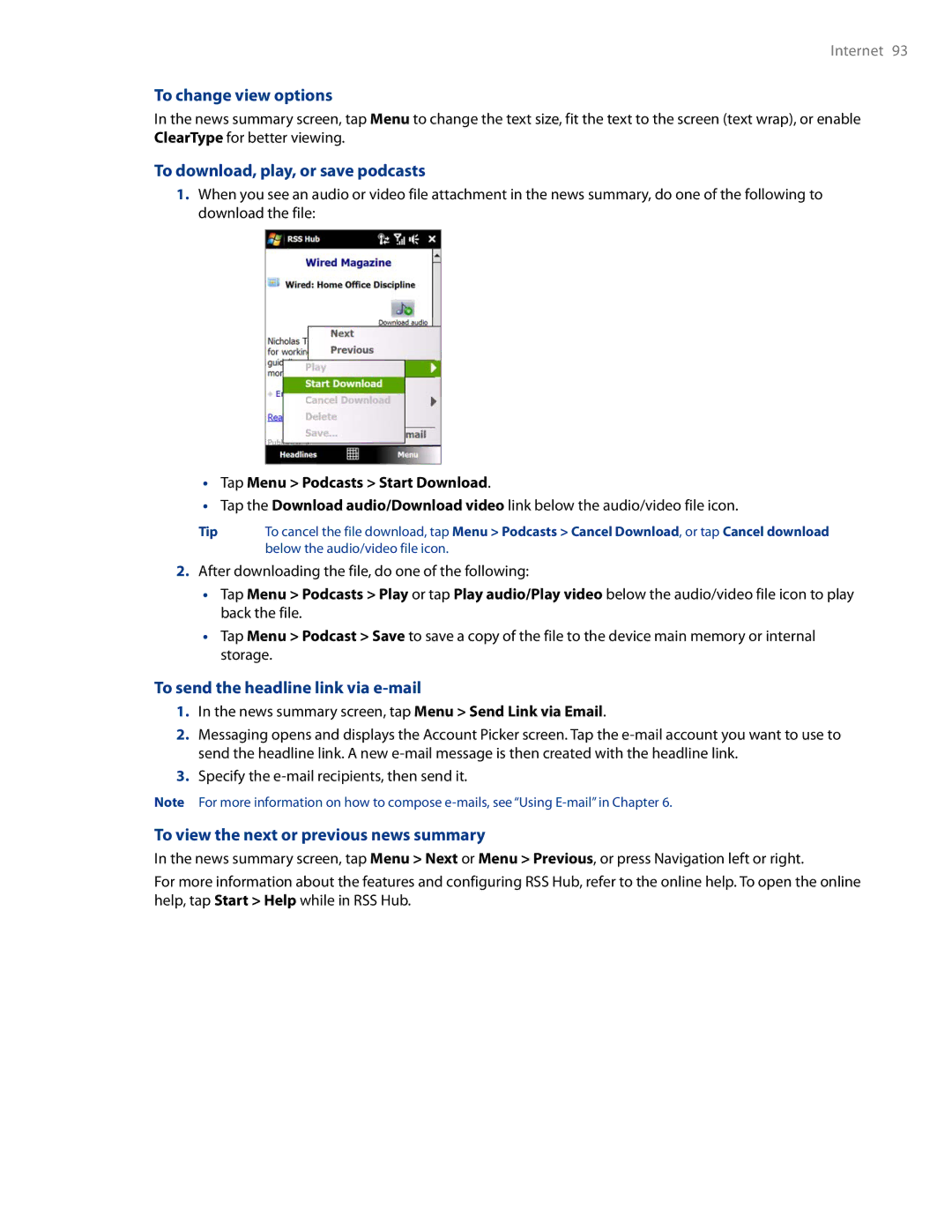 HTC AM171 manual To change view options, To download, play, or save podcasts, To send the headline link via e-mail 