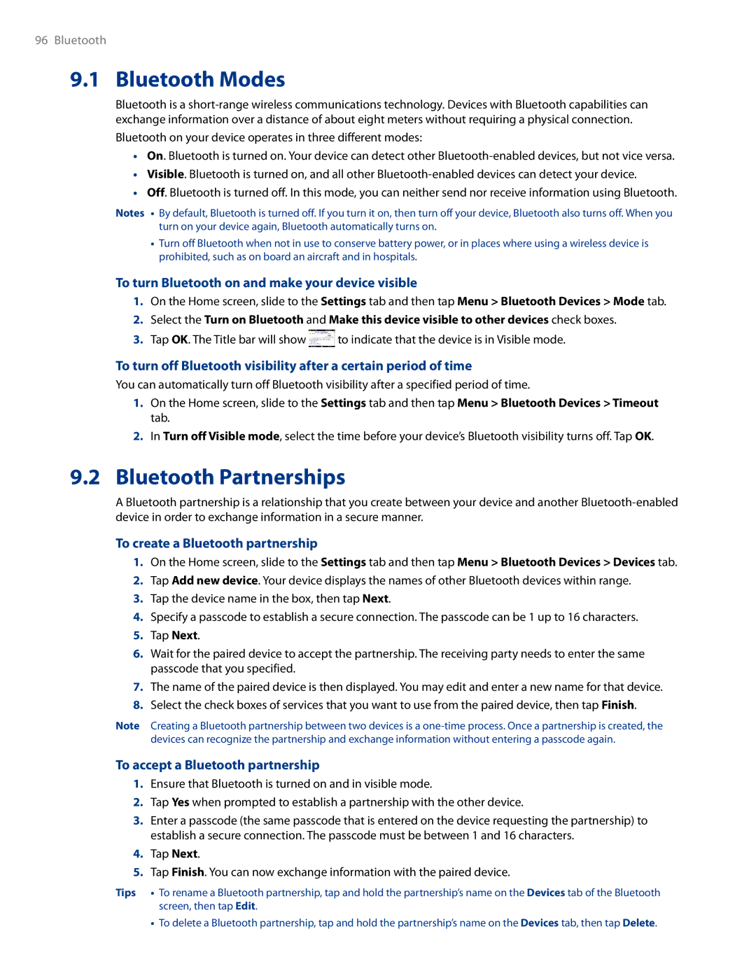 HTC AM171 manual Bluetooth Modes, Bluetooth Partnerships, To turn Bluetooth on and make your device visible 