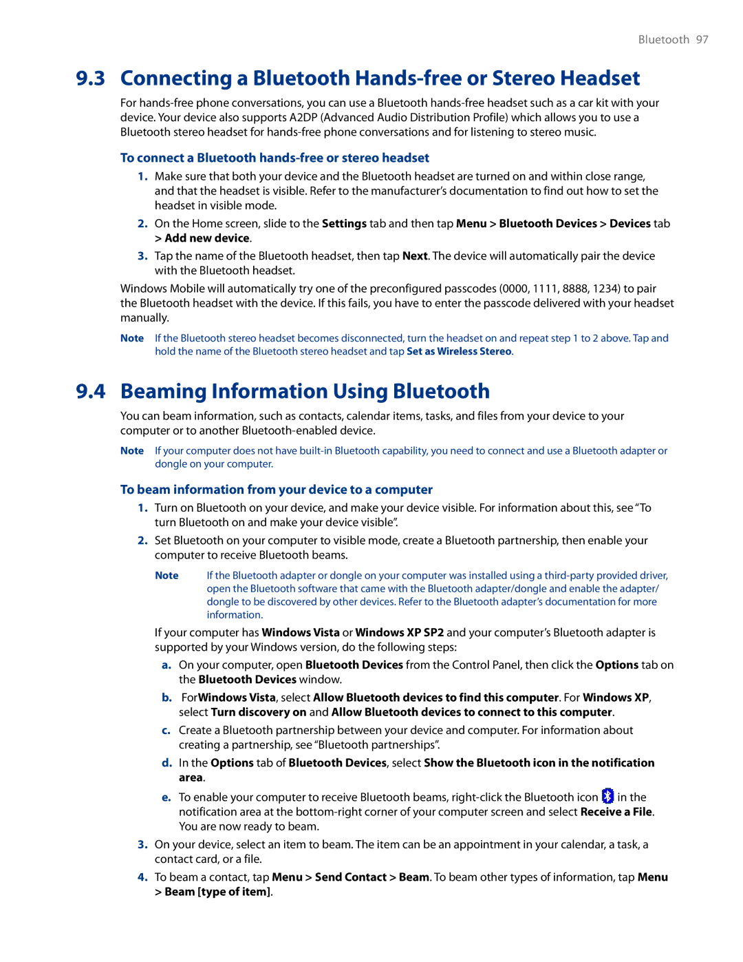 HTC AM171 Connecting a Bluetooth Hands-free or Stereo Headset, Beaming Information Using Bluetooth, Beam type of item 