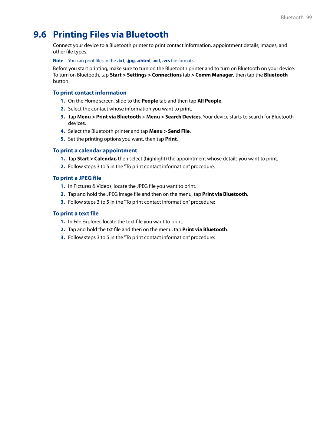 HTC AM171 manual Printing Files via Bluetooth, To print contact information, To print a calendar appointment 