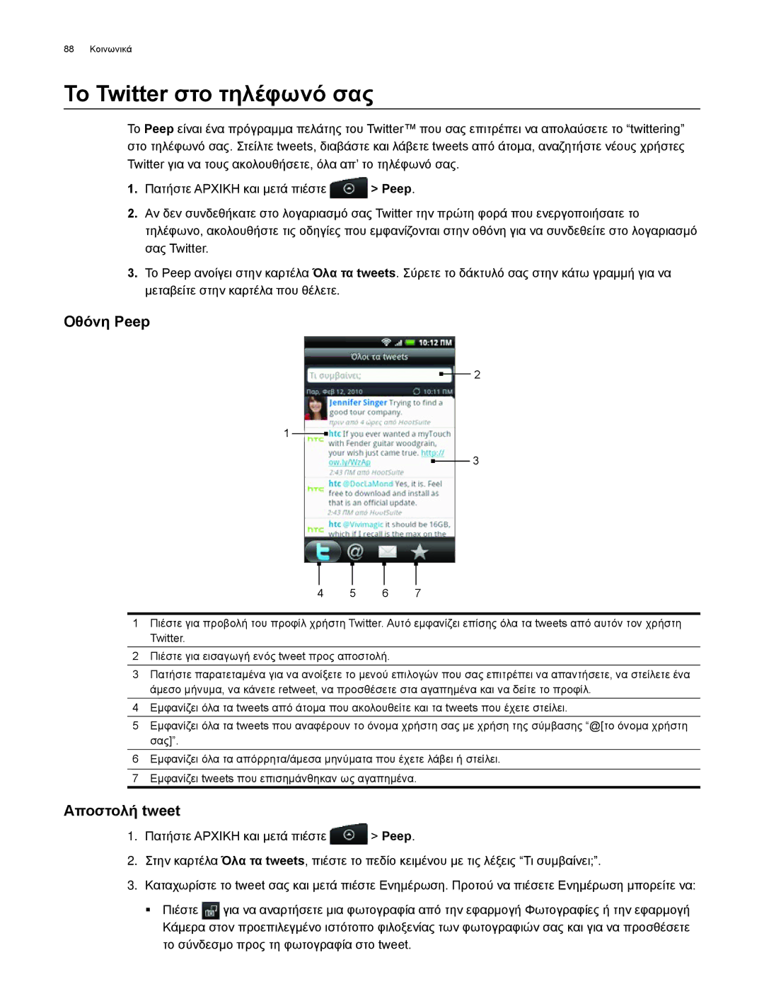 HTC Android 2.1 manual Το Twitter στο τηλέφωνό σας, Οθόνη Peep, Αποστολή tweet 