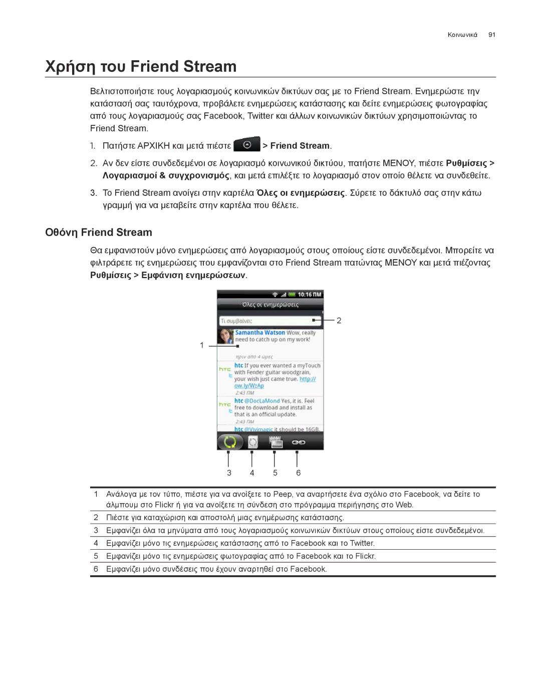 HTC Android 2.1 manual Χρήση του Friend Stream, Οθόνη Friend Stream 