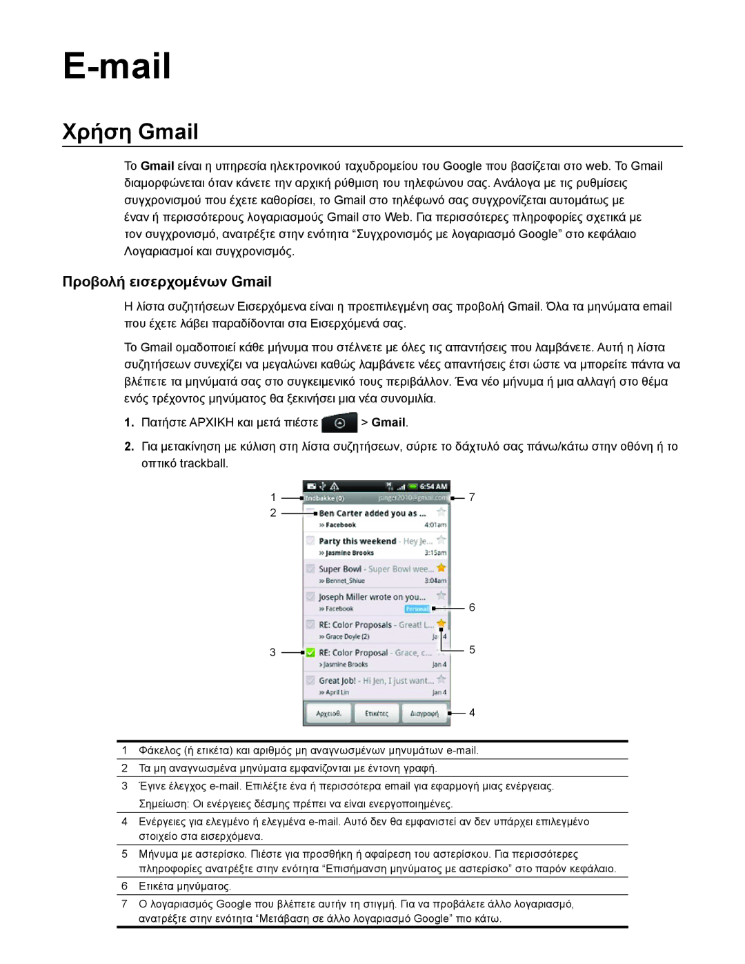 HTC Android 2.1 manual Mail, Χρήση Gmail, Προβολή εισερχομένων Gmail 