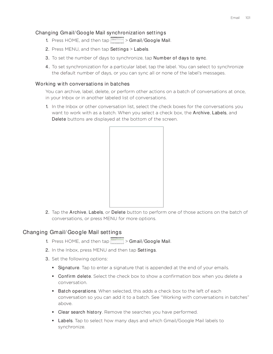 HTC Aria manual Changing Gmail/Google Mail settings, Changing Gmail/Google Mail synchronization settings 