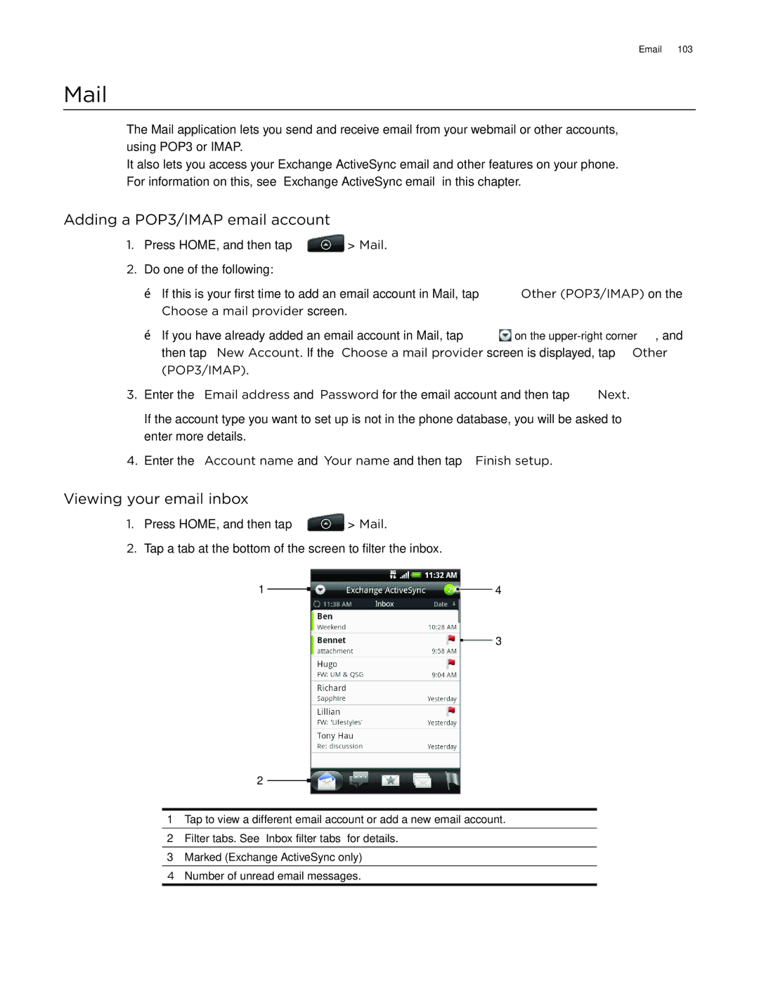 HTC Aria manual Mail, Adding a POP3/IMAP email account, Viewing your email inbox 