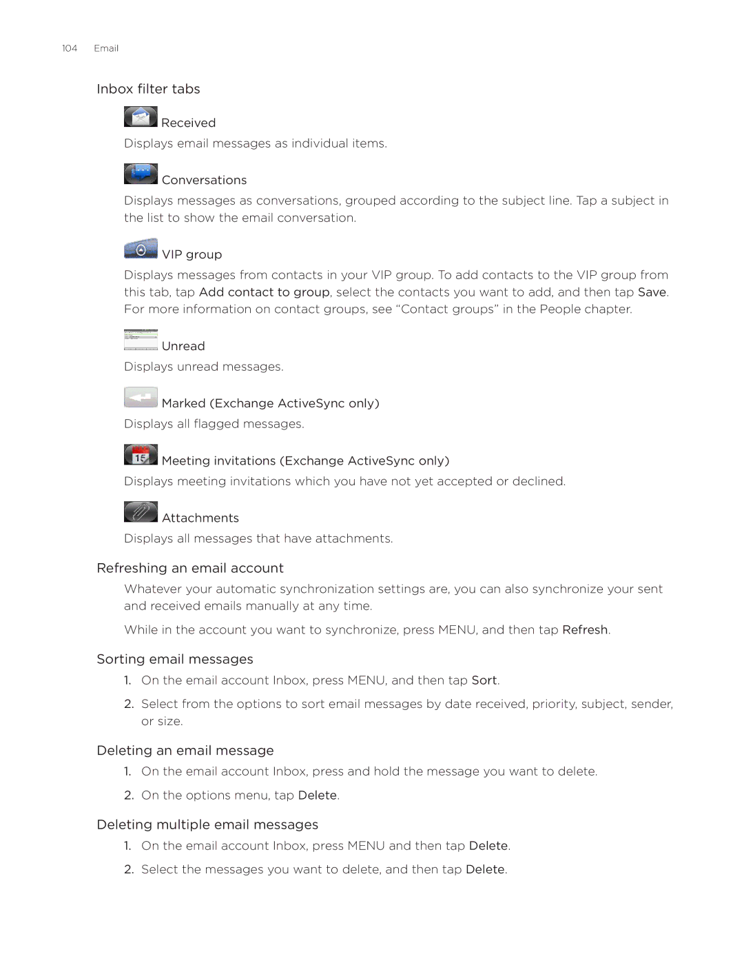 HTC Aria manual Inbox filter tabs, Refreshing an email account, Sorting email messages, Deleting an email message 