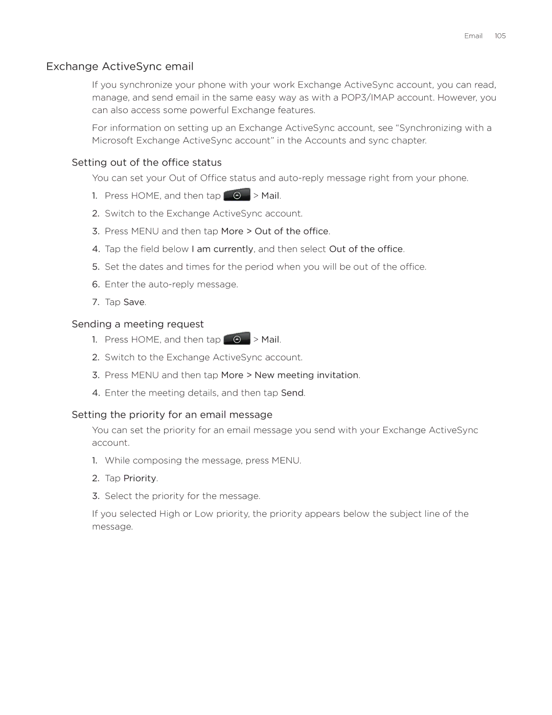 HTC Aria manual Exchange ActiveSync email, Setting out of the office status, Sending a meeting request 