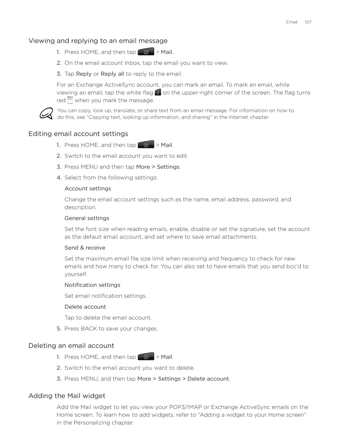 HTC Aria manual Viewing and replying to an email message, Editing email account settings, Deleting an email account 