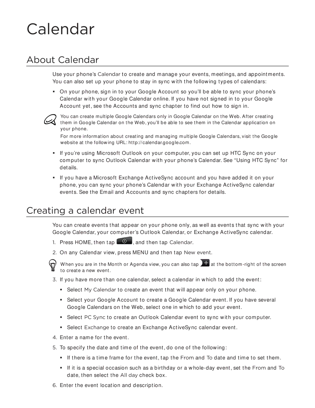 HTC Aria manual About Calendar, Creating a calendar event 