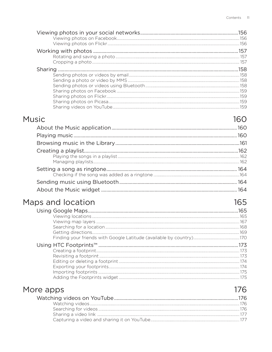 HTC Aria manual Music 160, Maps and location 165, More apps 176 