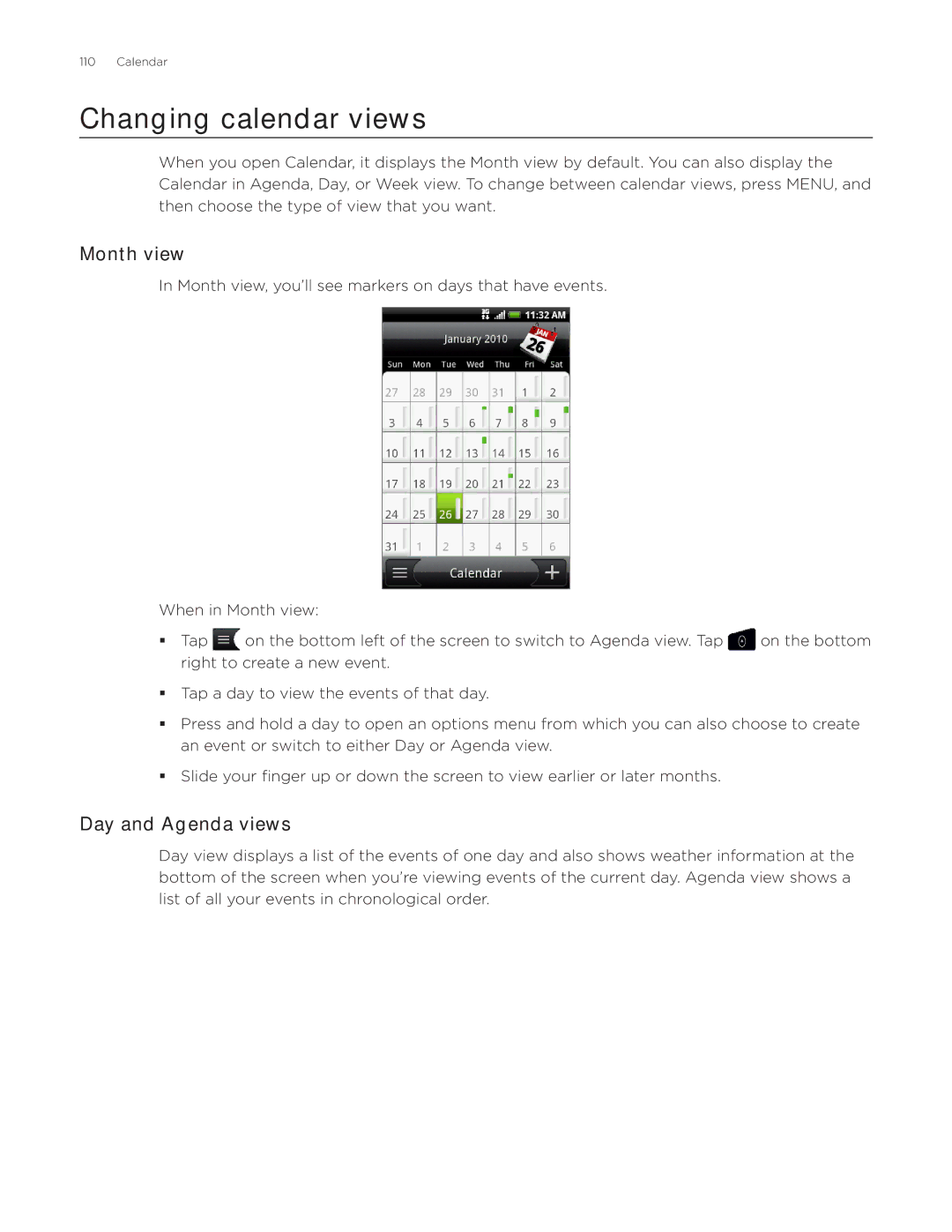 HTC Aria manual Changing calendar views, Month view, Day and Agenda views 