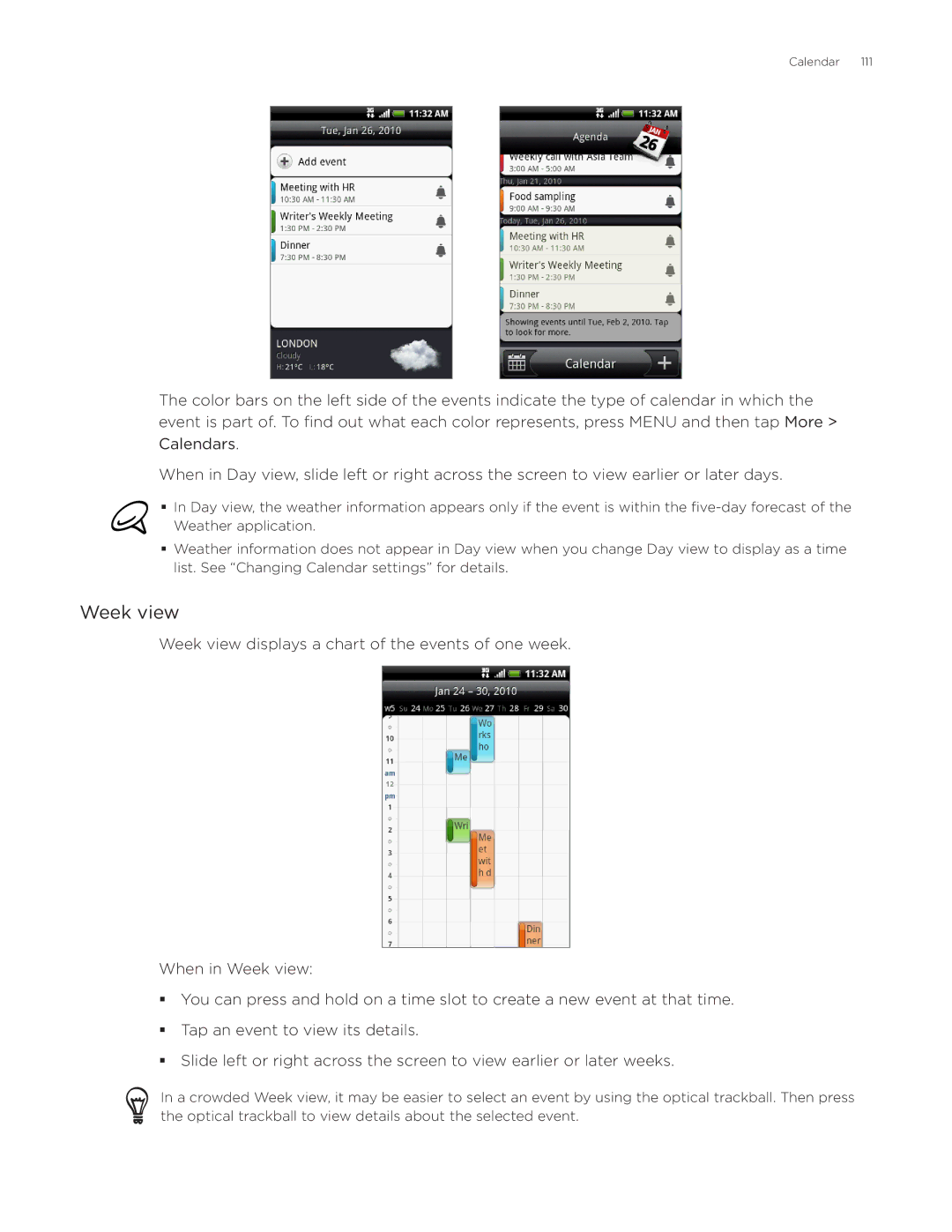 HTC Aria manual Week view 