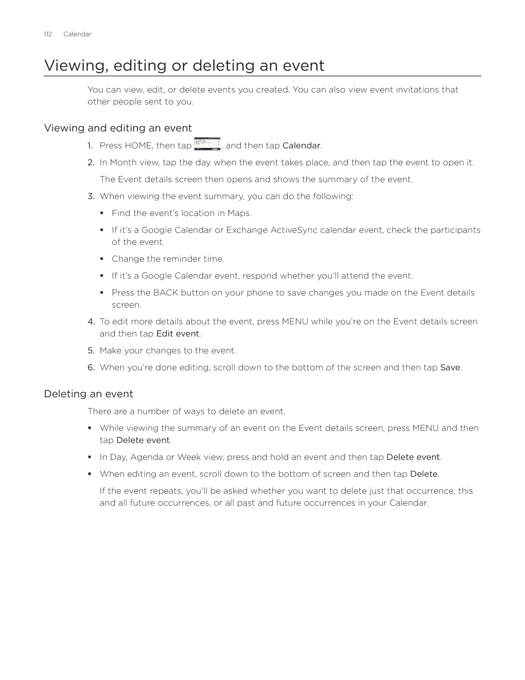 HTC Aria manual Viewing, editing or deleting an event, Viewing and editing an event, Deleting an event 