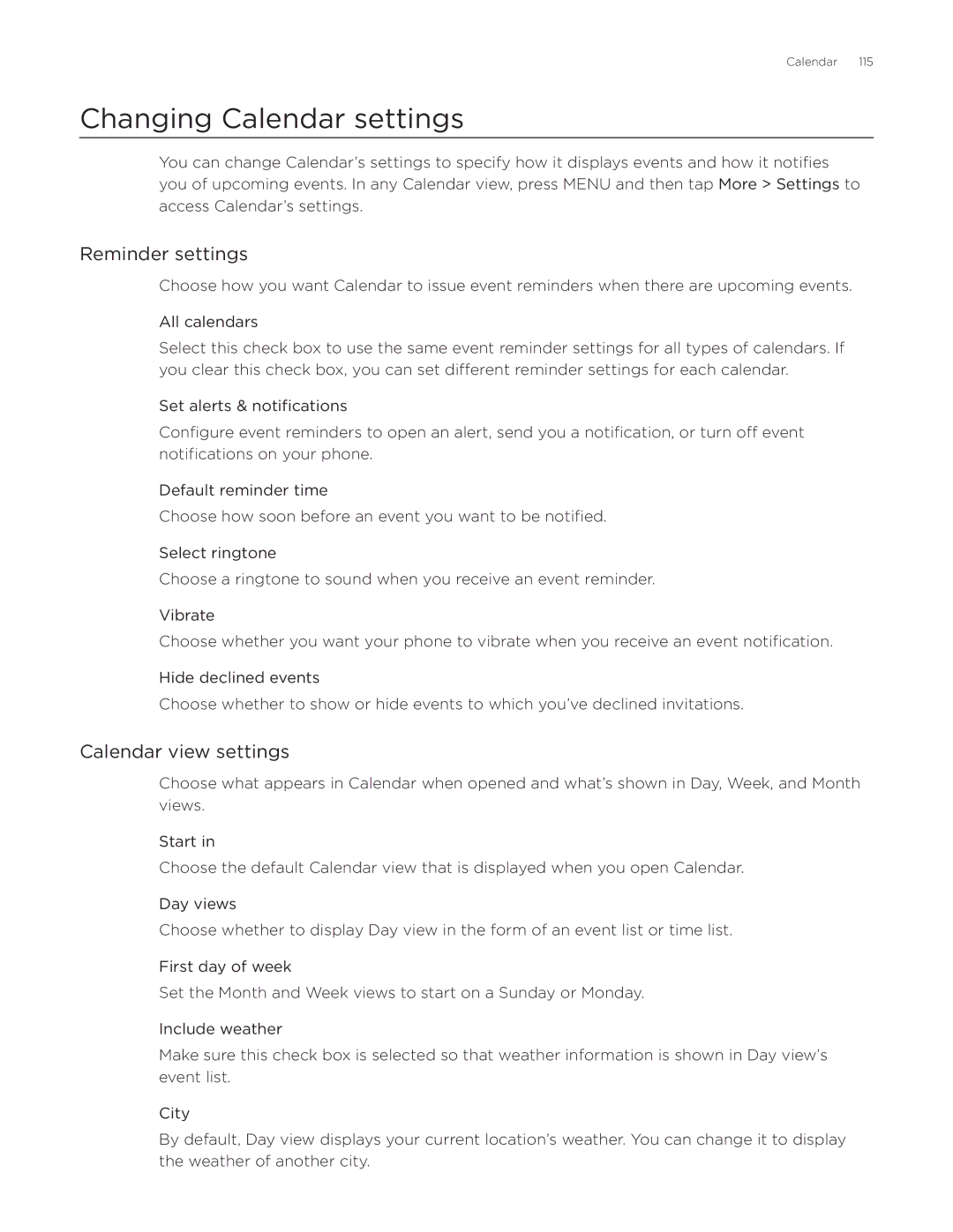 HTC Aria manual Changing Calendar settings, Reminder settings, Calendar view settings 