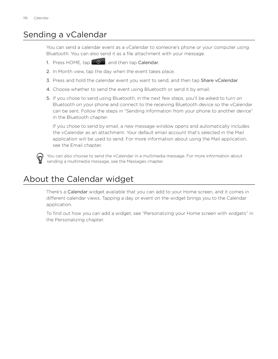 HTC Aria manual Sending a vCalendar, About the Calendar widget 