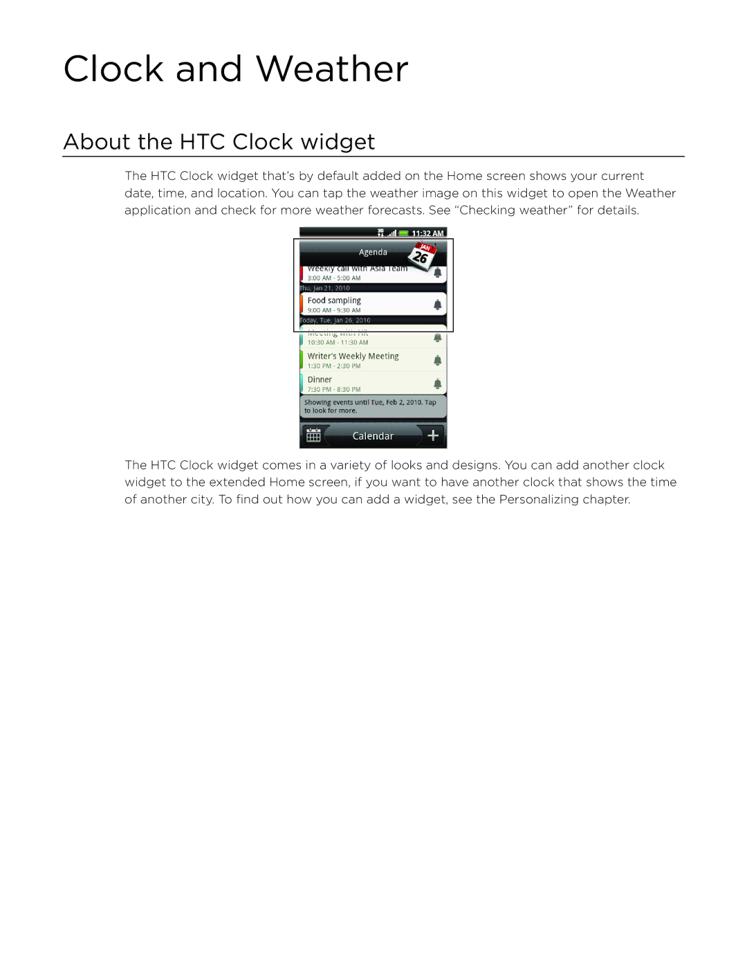 HTC Aria manual Clock and Weather, About the HTC Clock widget 