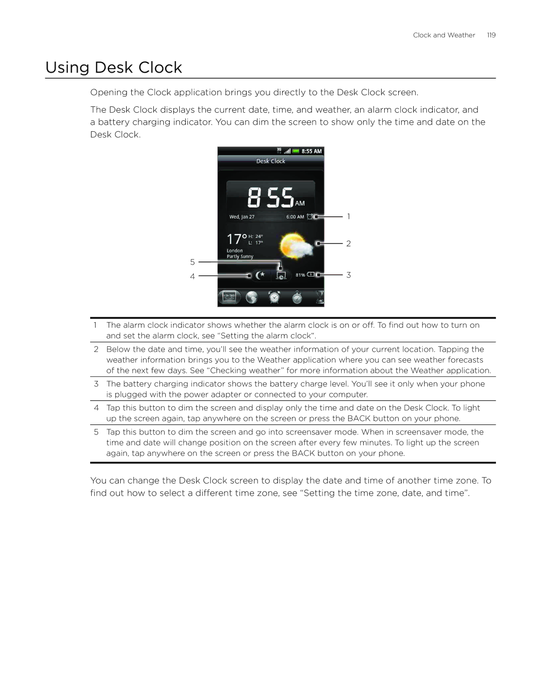 HTC Aria manual Using Desk Clock 