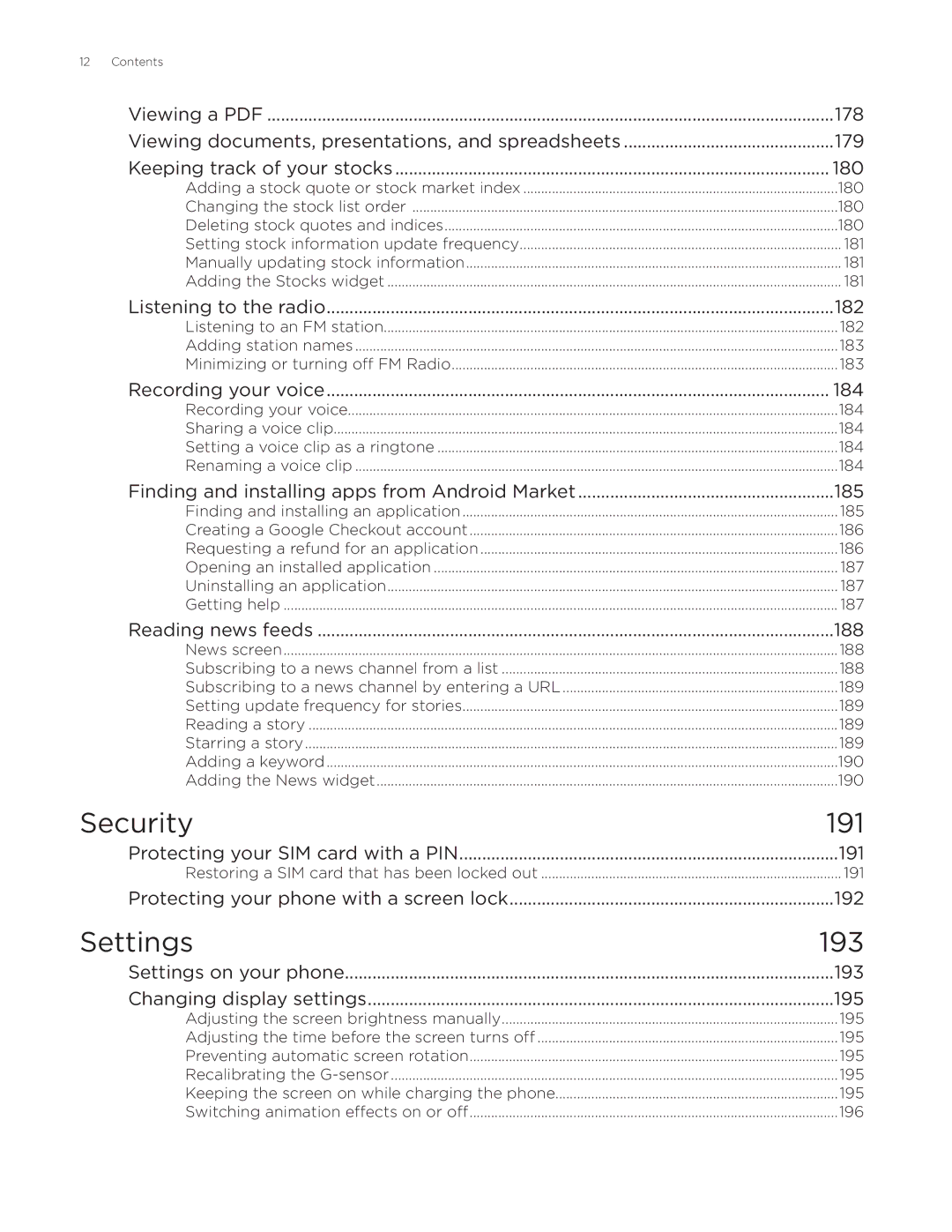 HTC Aria manual Security 191, Settings 193 