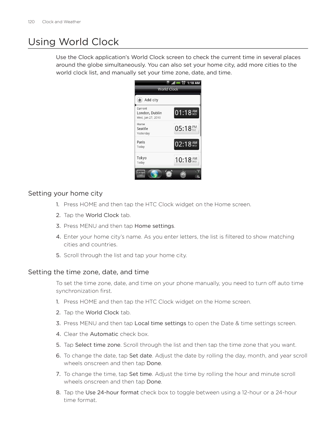 HTC Aria manual Using World Clock, Setting your home city, Setting the time zone, date, and time 