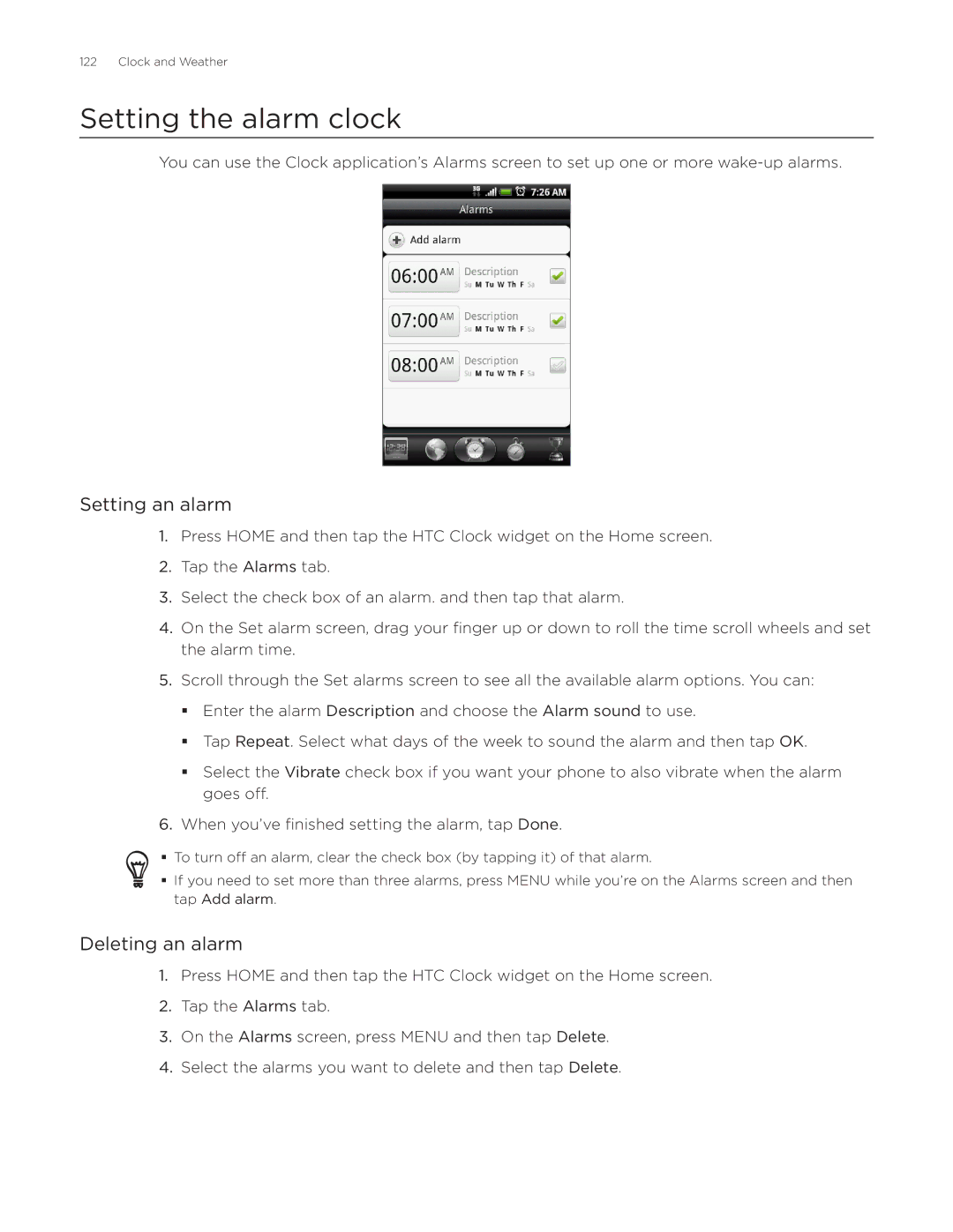 HTC Aria manual Setting the alarm clock, Setting an alarm, Deleting an alarm 