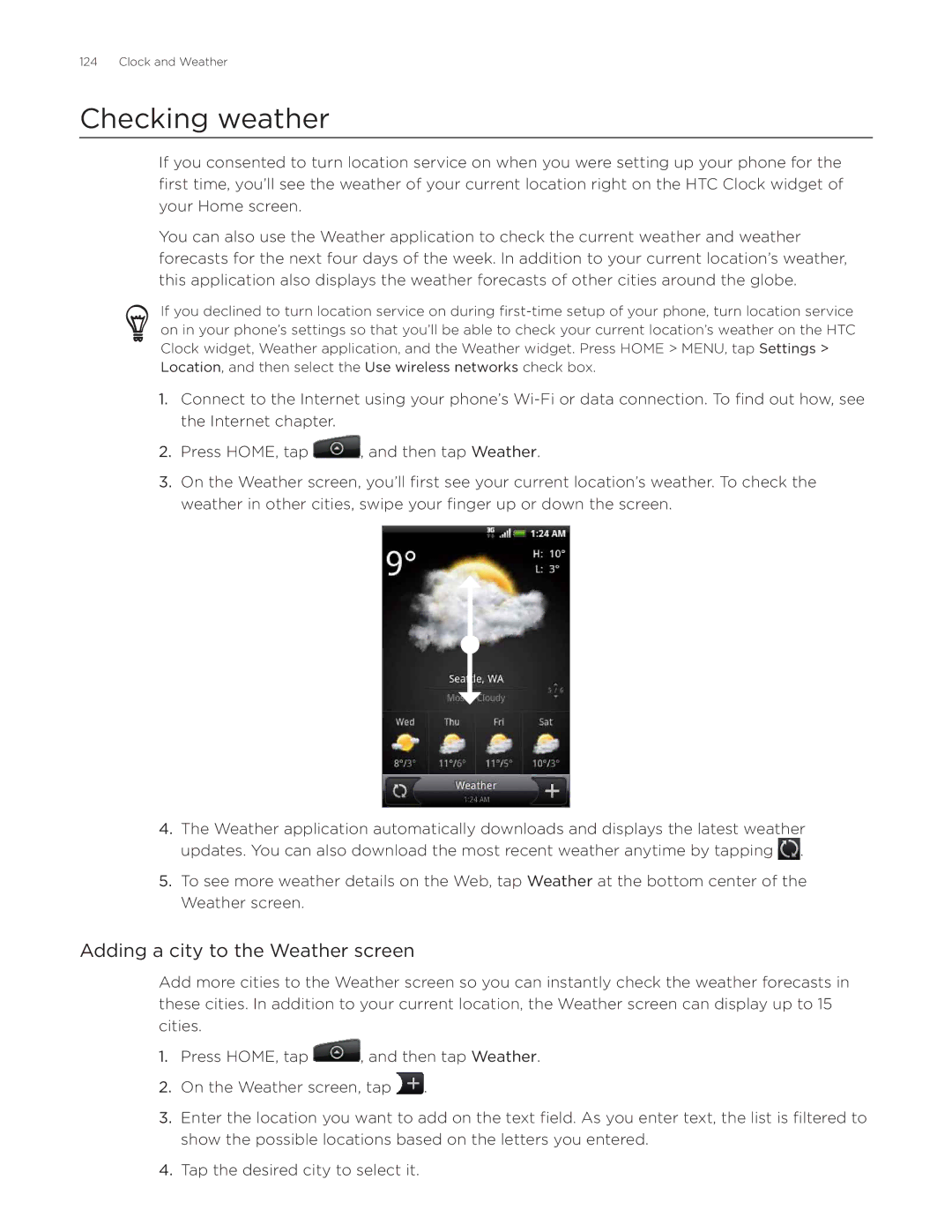 HTC Aria manual Checking weather, Adding a city to the Weather screen 