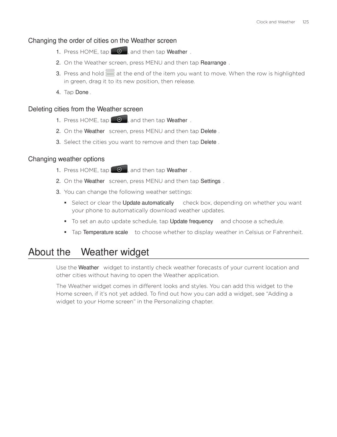 HTC Aria manual About the Weather widget, Changing the order of cities on the Weather screen, Changing weather options 