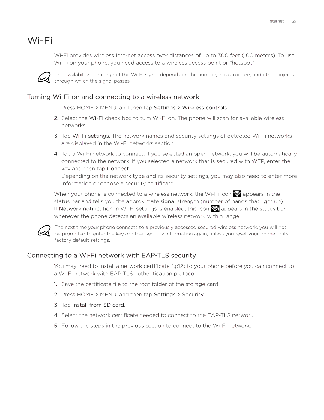 HTC Aria Turning Wi-Fi on and connecting to a wireless network, Connecting to a Wi-Fi network with EAP-TLS security 