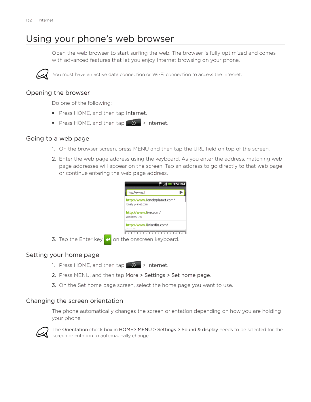 HTC Aria manual Using your phone’s web browser, Opening the browser, Going to a web, Setting your home 