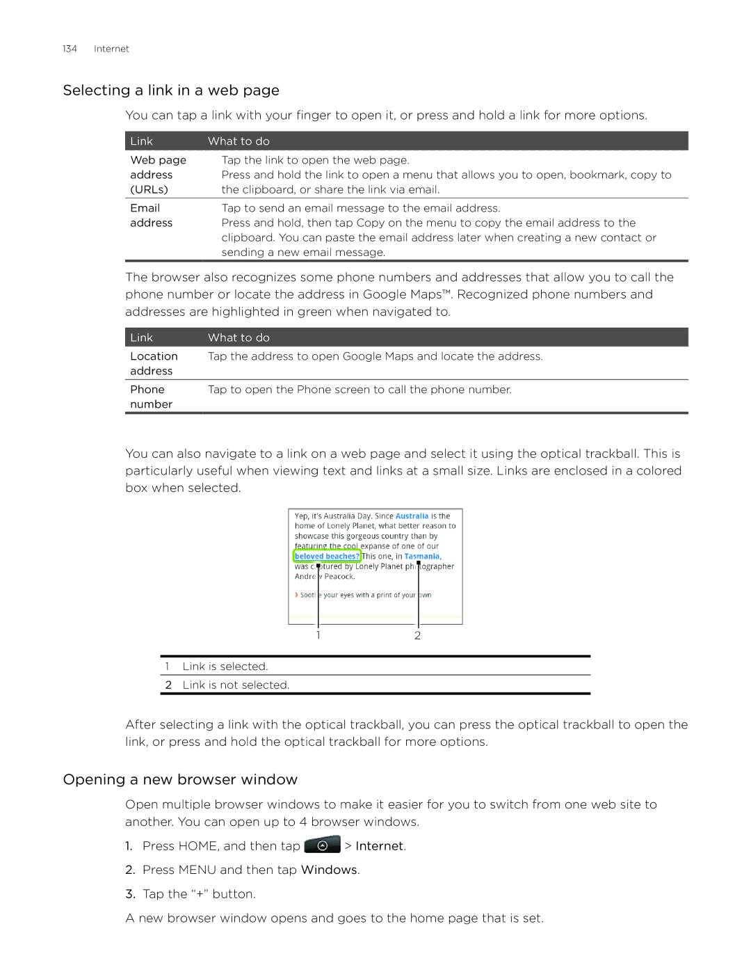 HTC Aria manual Selecting a link in a web, Opening a new browser window 